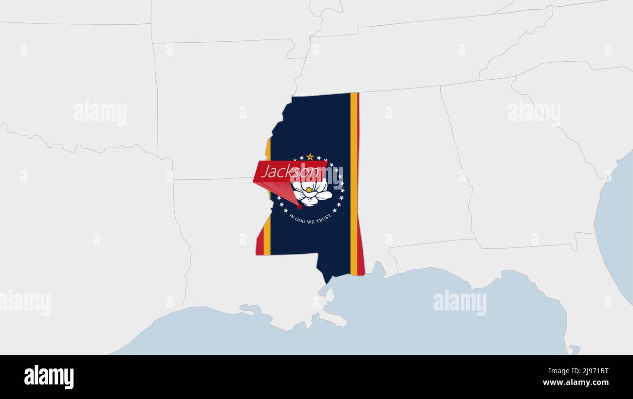 US State Mississippi map highlighted in Mississippi flag colors and pin of  country capital Jackson, map with neighboring States Stock Vector Image &  Art - Alamy