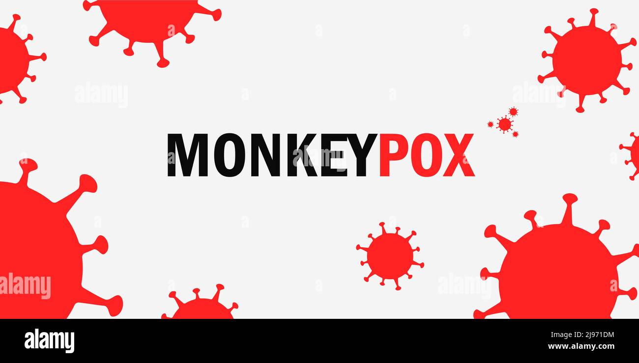 Banner with the inscription Monkeypox Virus and a small icon of the red virus. Large icons, the definition of a viral infection in a red color around Stock Vector