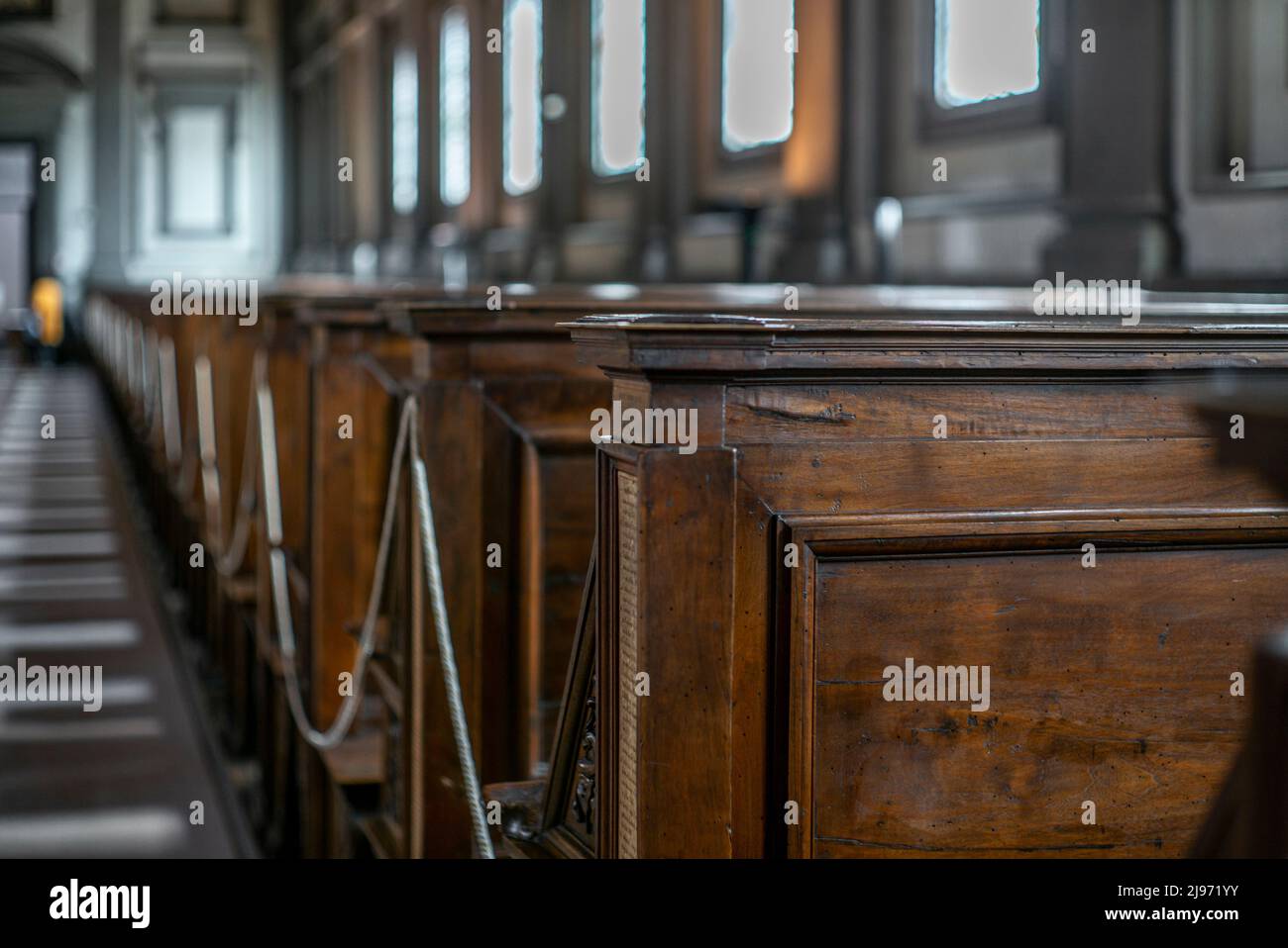 Detail of the reading bench in the Laurenziana library in Florence ...