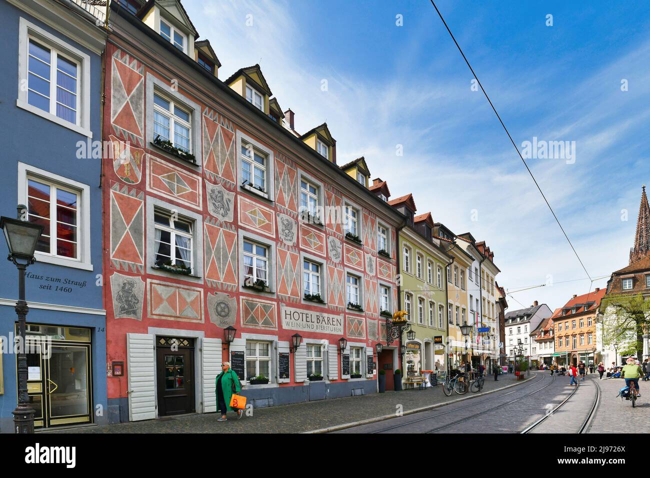 Freiburg, Germany - April 2022: City center with historic hotel building called 'Hotel Bären' Stock Photo