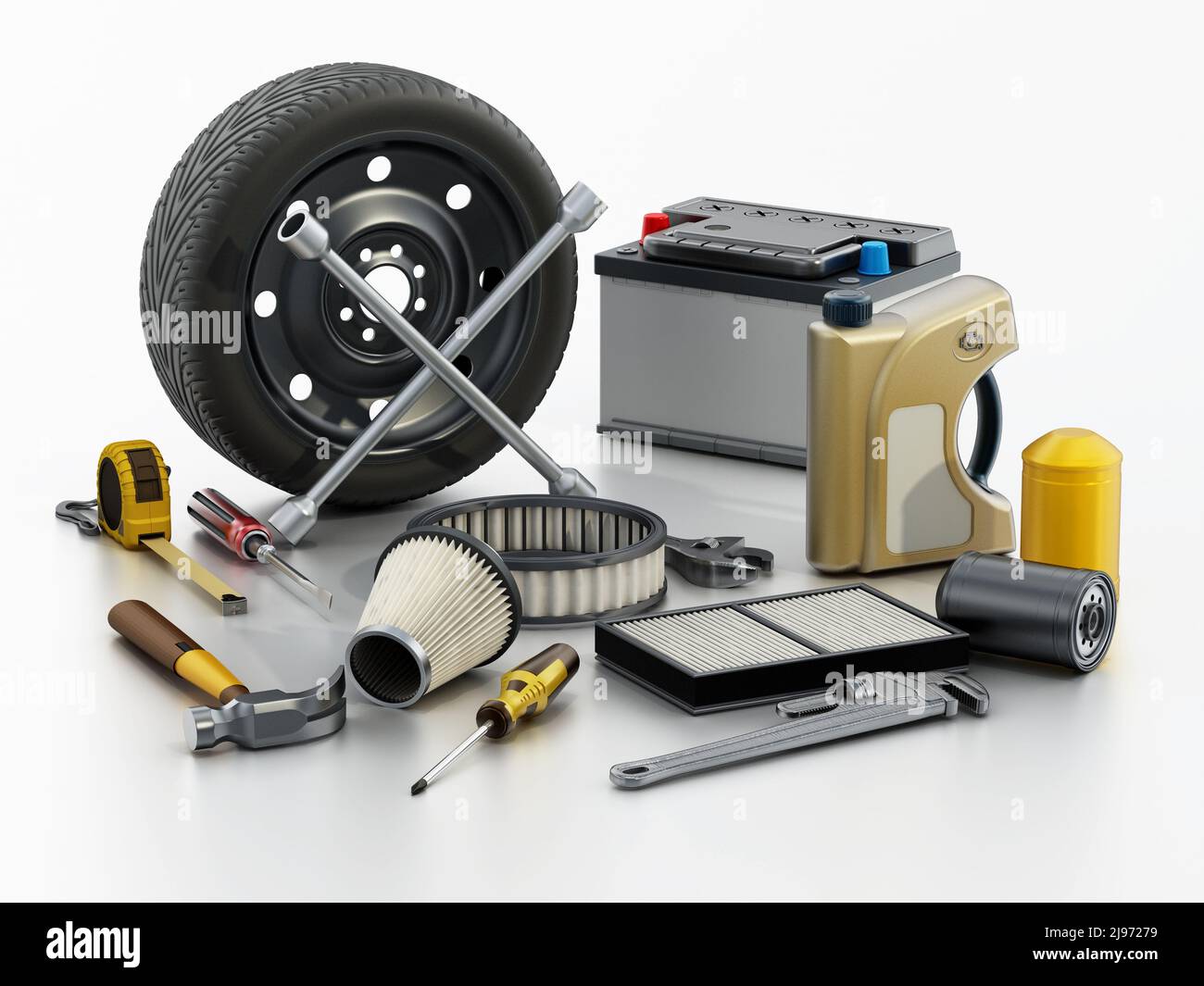 Car spare parts isolated on white background. 3D illustration Stock