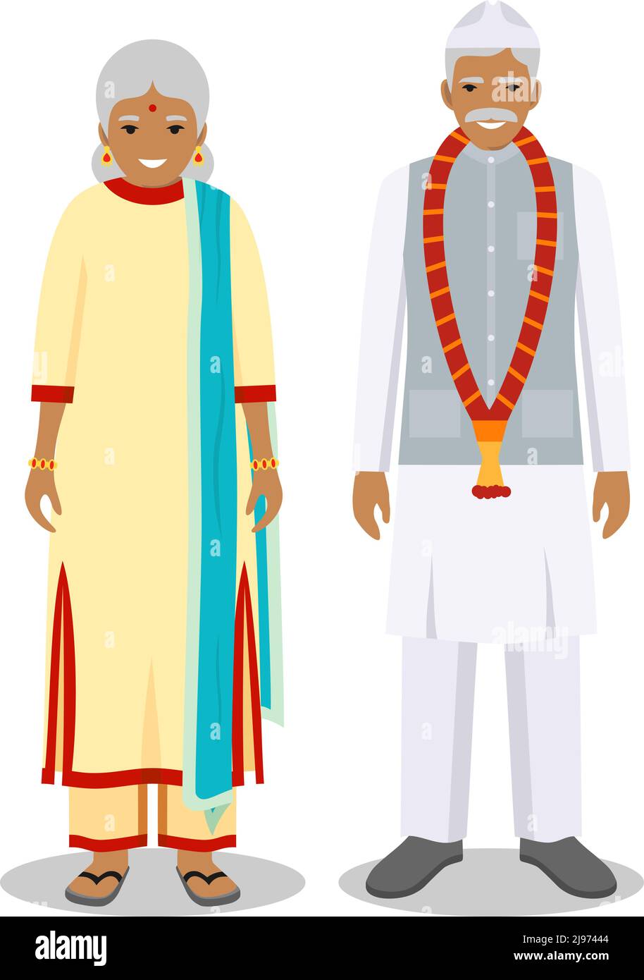 Detailed illustration of standing old indian people in the traditional national indian clothing isolated on white background in flat style. Senior ind Stock Vector