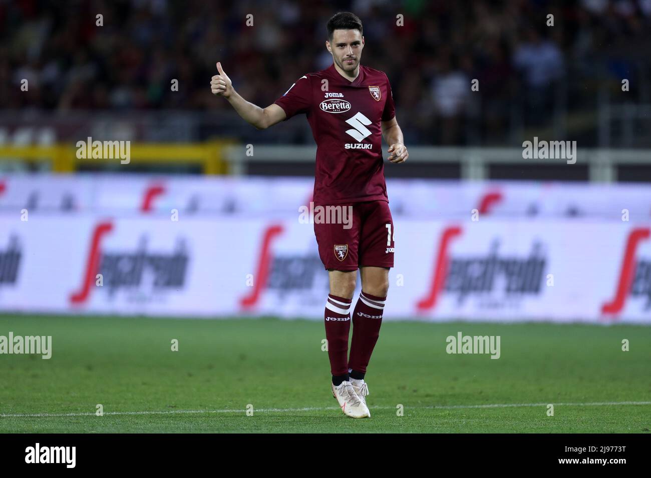 Josip Brekalo of Torino Fc  gestures during the Serie A match between Torino Fc and As Roma at Stadio Olimpico on May 20, 2022 in Turin, Italy. Stock Photo