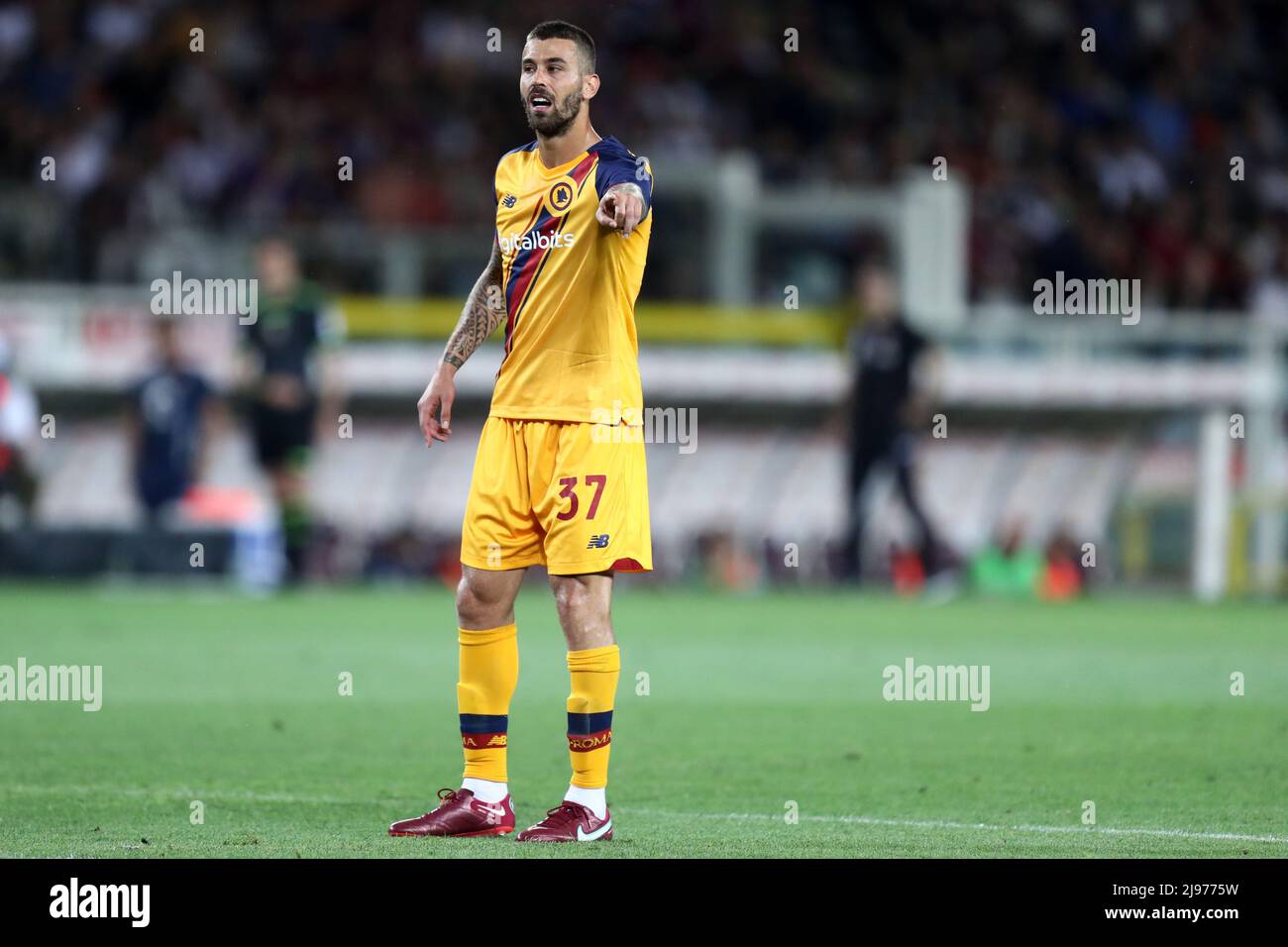 Leonardo Spinazzola of As Roma  gestures during the Serie A match between Torino Fc and As Roma at Stadio Olimpico on May 20, 2022 in Turin, Italy. Stock Photo