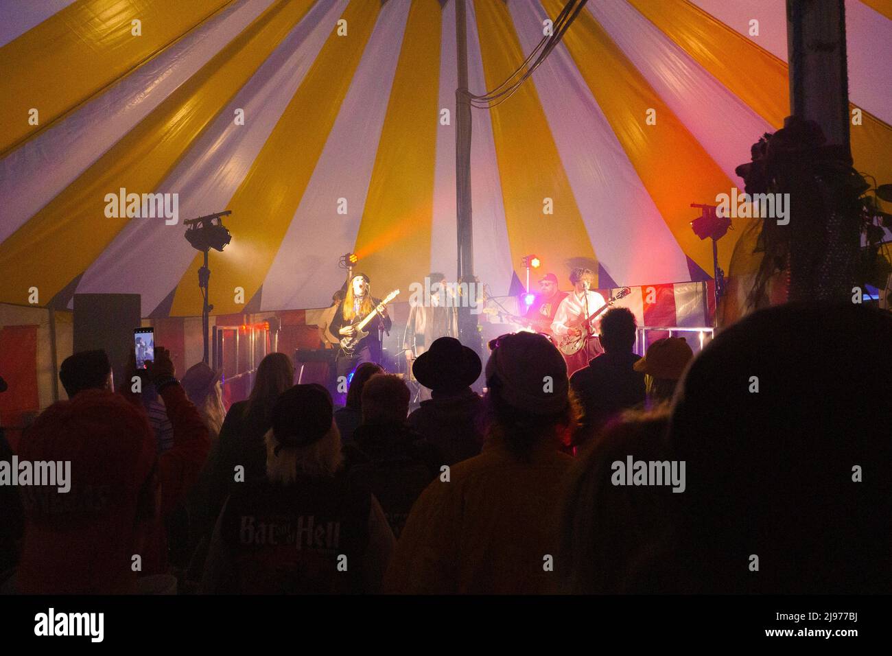 CVC (Church Village Collective) performing at Devauden Music Festival. Eliot Bradfield, Dan ‘Nanial’ Jones, Francesco Orsi, David Bassey, Ben Thorne, Stock Photo