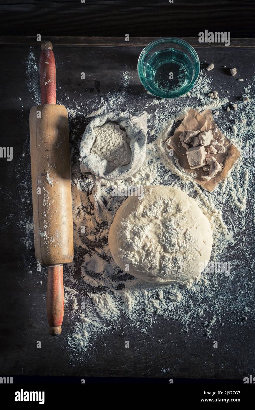 Traditionally and fresh dough made of flour yeast and water. Yeast