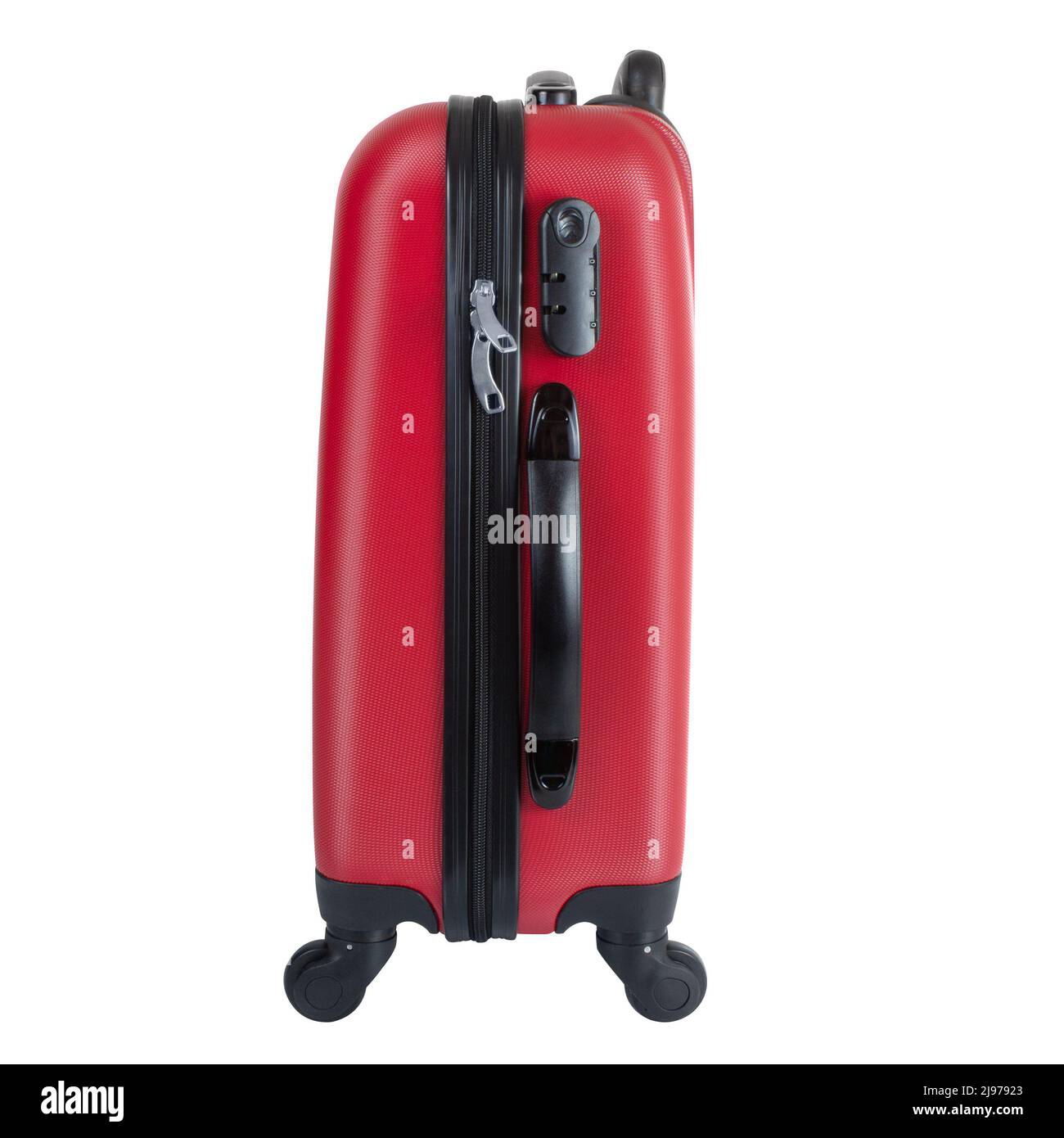 Profile of Red suitcase with zipper and lock isolated on white background with clipping path, large polycarbonate baggage case, huge plastic travel ba Stock Photo