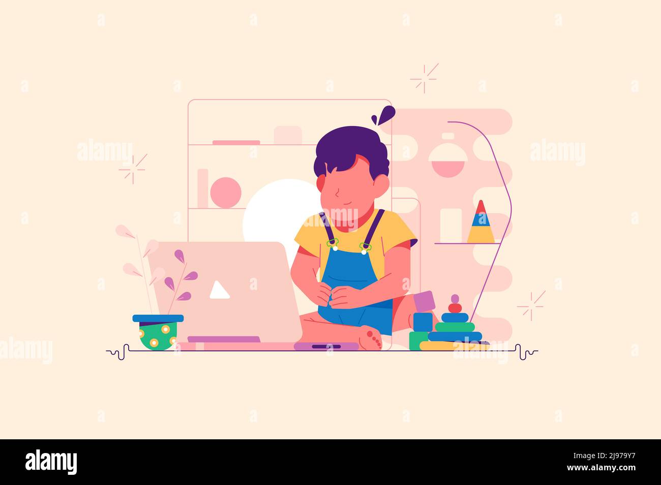 Small kid watching cartoons on modern laptop Stock Vector