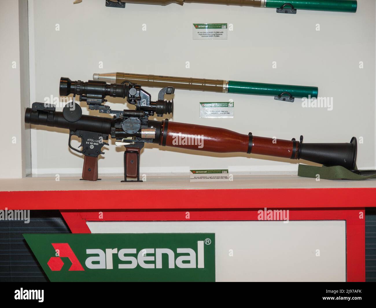 Arsenal 40mm 40 mm ATGL-L (RPG-7) anti-tank rocket launcher in IDEX 2011 Military Exibition Stock Photo