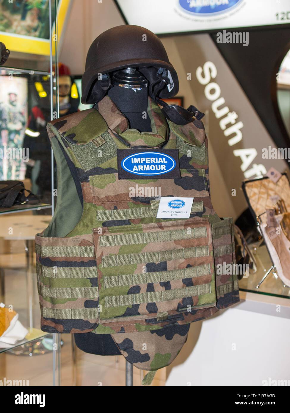 Abu Dhabi, UAE - Feb.23. 2011: South African Imperial armour Military modular vest at IDEX 2011 Stock Photo
