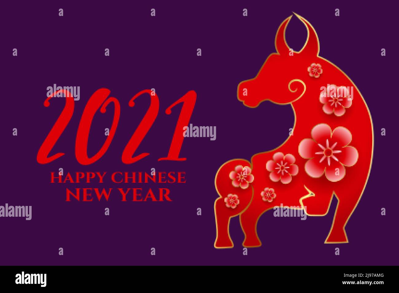 Happy chinese new year 2021 of ox with flowers vector Stock Vector