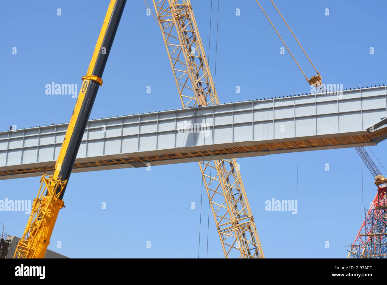 Cairo, Egypt, April 24 2022 Installing the steel bars of a new traffic