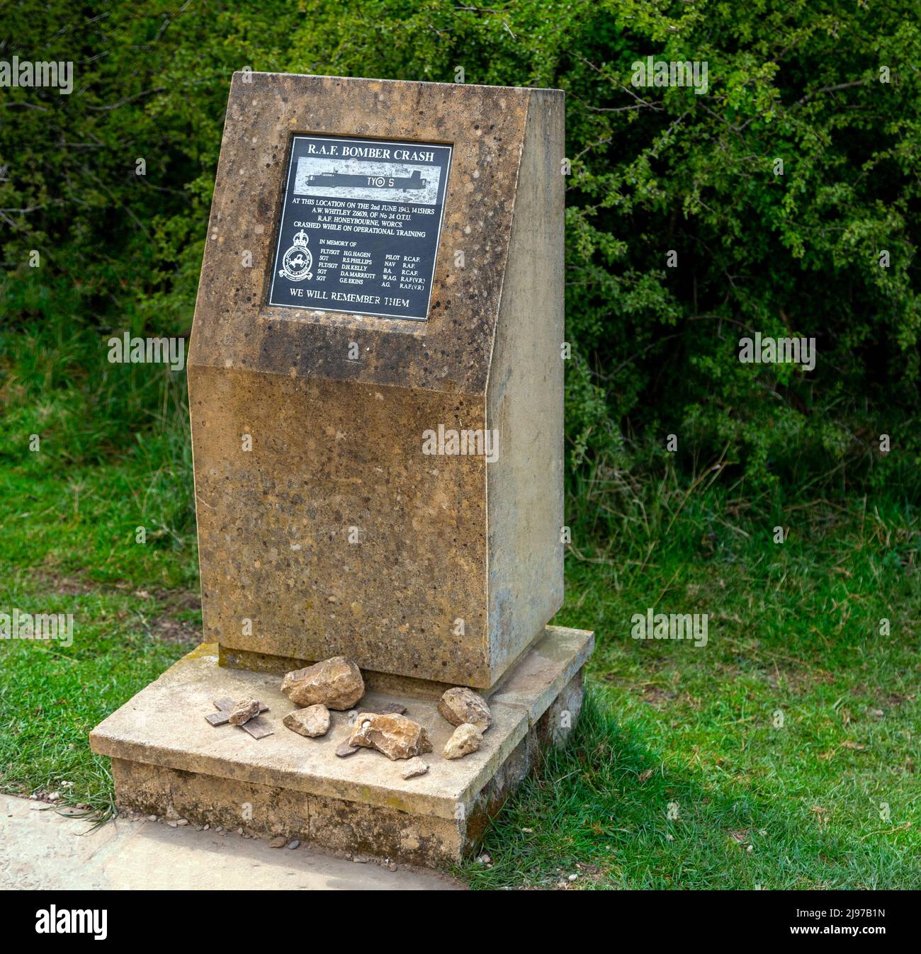 Wartime air crash plaque on Middle Hill, near Broadway Tower, Broadway, Cotswolds, Worcestershire, England, United Kingdom. Stock Photo