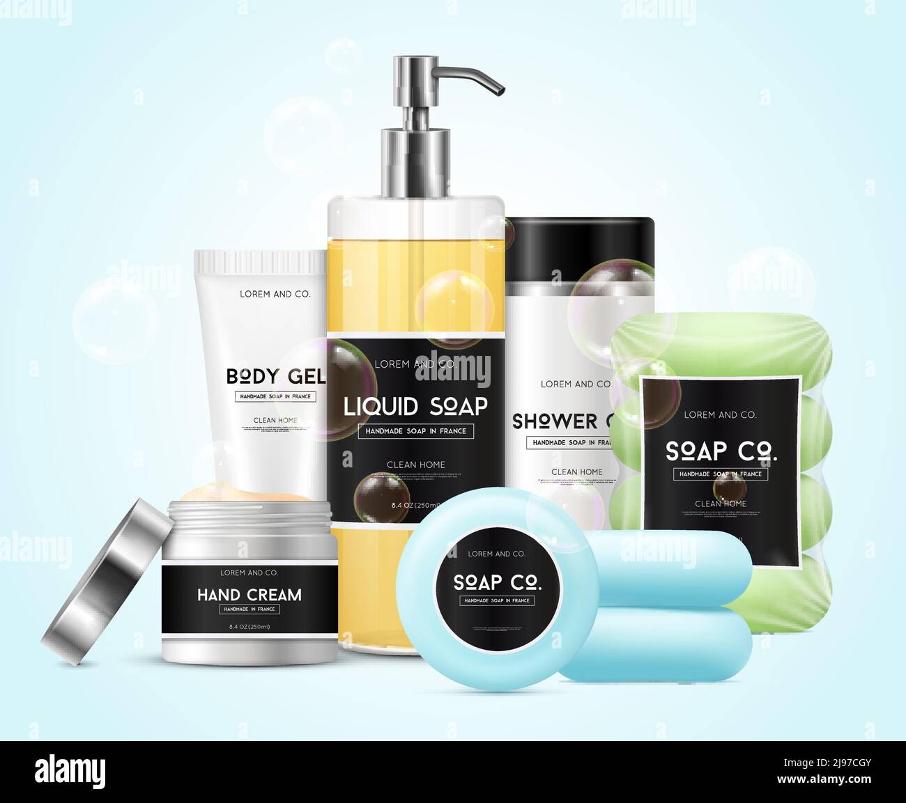 Realistic cosmetics set with soap cream and shower gel vector