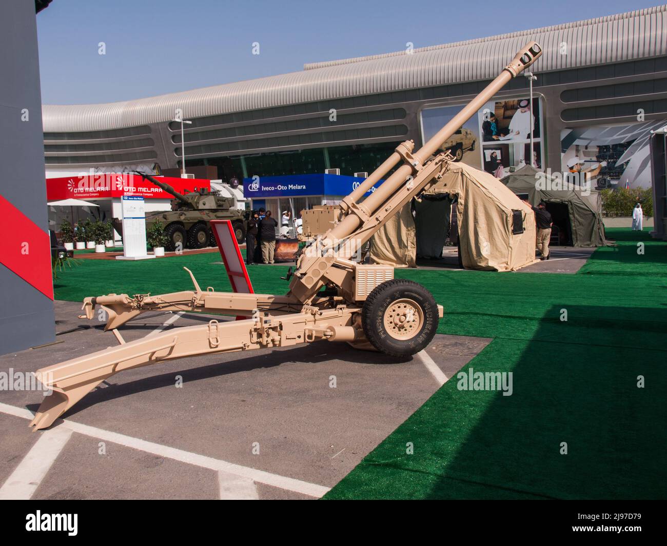 Abu Dhabi, UAE - Feb.23. 2011: Nexter Systems 105 LG towed artillery canon in IDEX 2011 Military Exibition Stock Photo