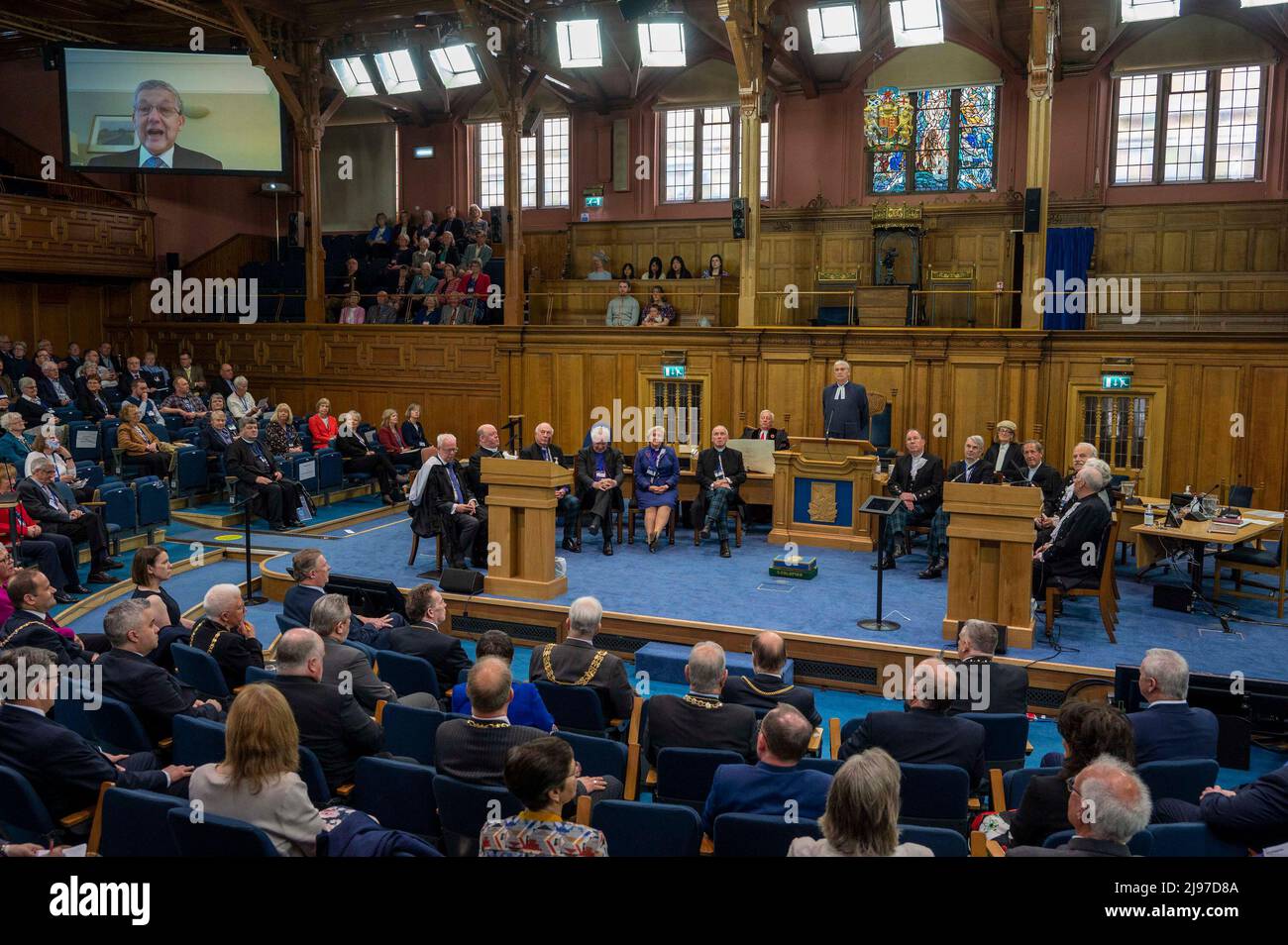 Edinburgh, Scotland Saturday May 21 2022: General Assembly of the Church of Scotland 2022: Moderator Rev Iain Greenshields is installed in a ceremony at the beginning of The General Assembly of the Church of Scotland by his predecessor Jim Wallace, Baron Wallace of Tankerness. Stock Photo