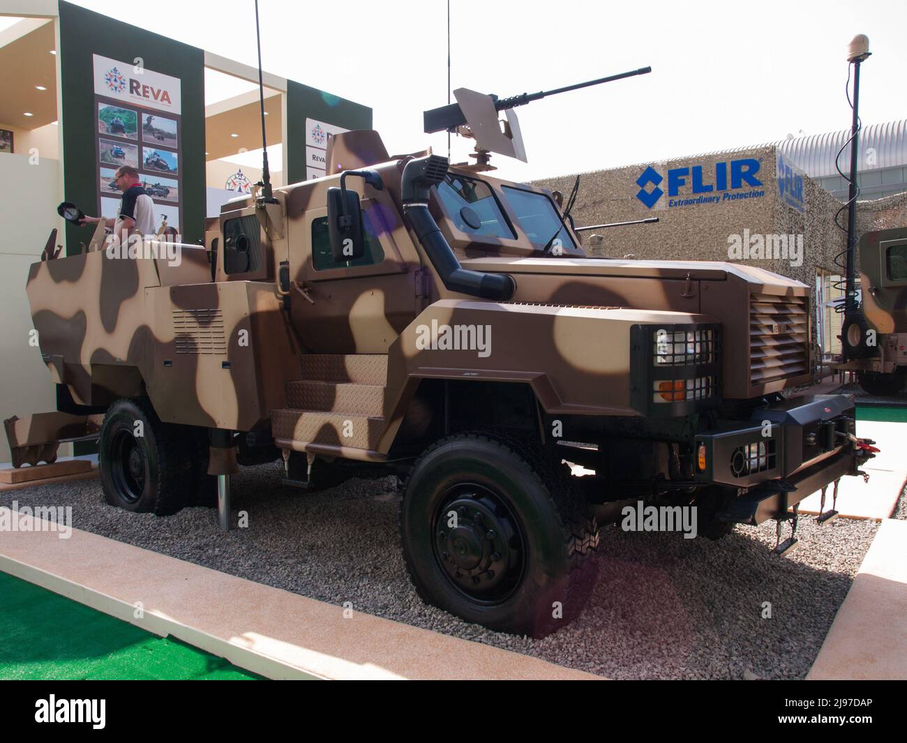 Abu Dhabi, UAE - Feb.23. 2011: IGG (International Golden Group) Agrab Mk2 MMS (Mobile Mortar Systems) on South African REVA IV armored vehicle in IDEX Stock Photo
