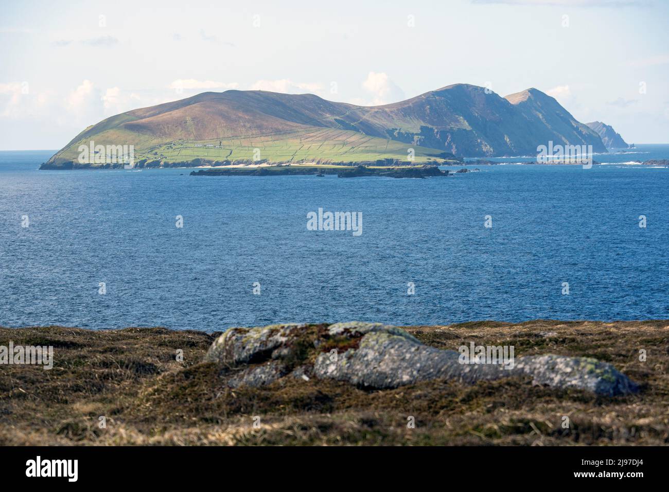Beautiful landscape in the West Kerry Gaeltacht showing the Great Blasket Island in the distance Stock Photo