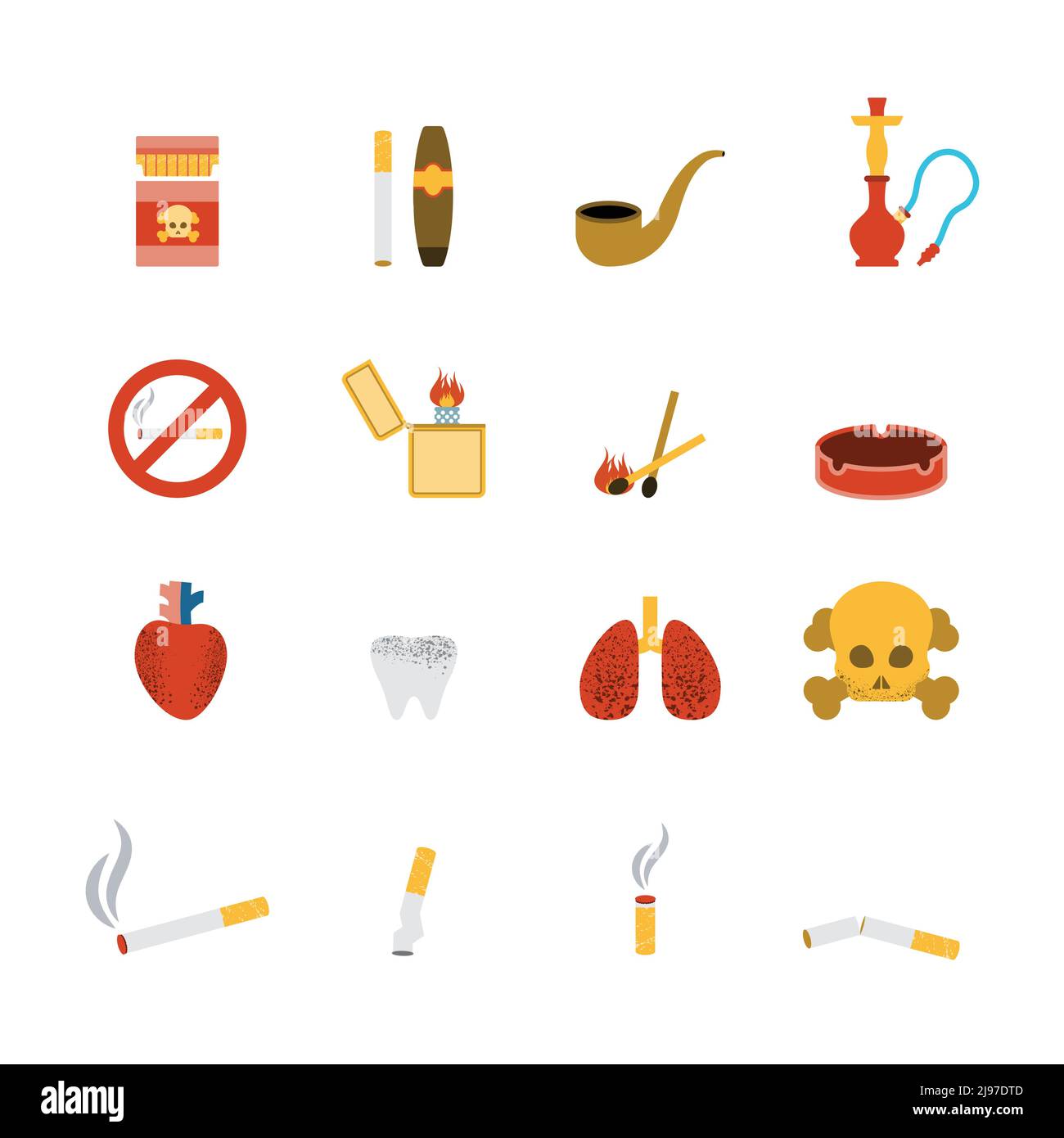 Smoking icon flat set with lighter tobacco pipe cigarette isolated vector illustration Stock Vector