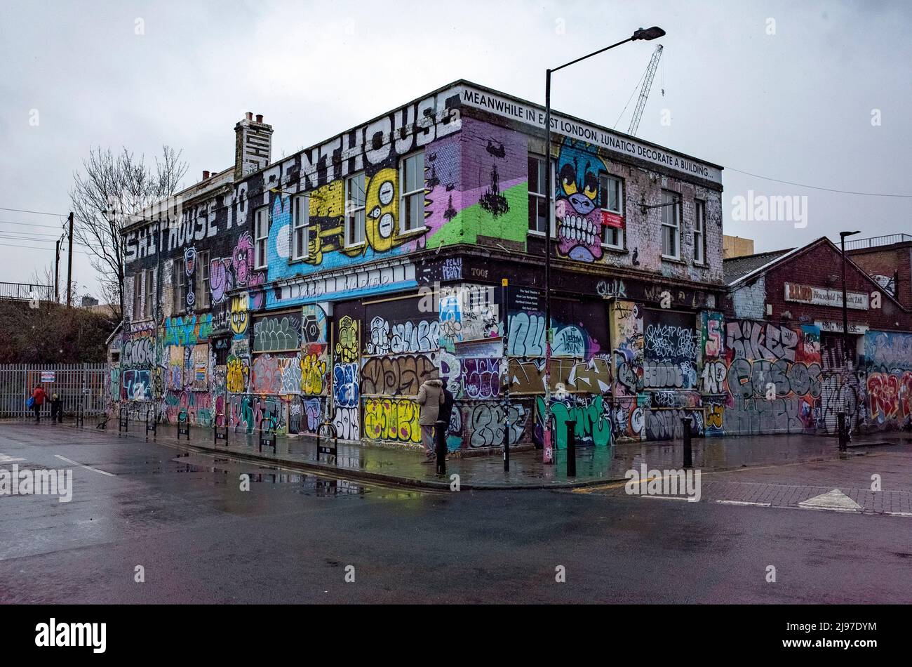 Shithouse to Penthouse Graffiti on Lord Napier pub in Hackney Wick, East London. Stock Photo