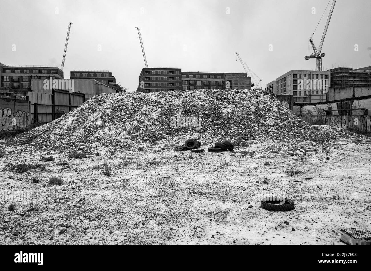 Snow in wasteland area, Hackney Wick, East London. Soon to be reclaimed for housing development. Stock Photo