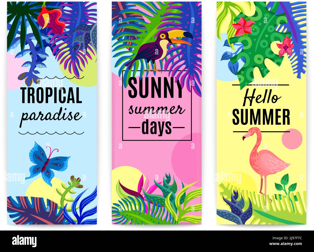 Tropical paradise summer vacation 3 vertical colorful background banners set with plants flowers toucan flamingo isolated vector illustration Stock Vector