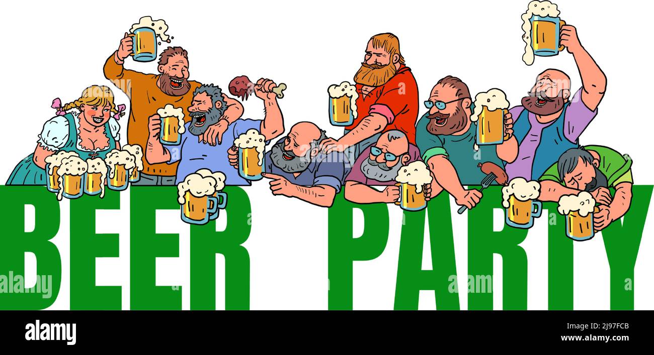 beer party, oktoberfest joyful men gathered at the beer festival Stock Vector
