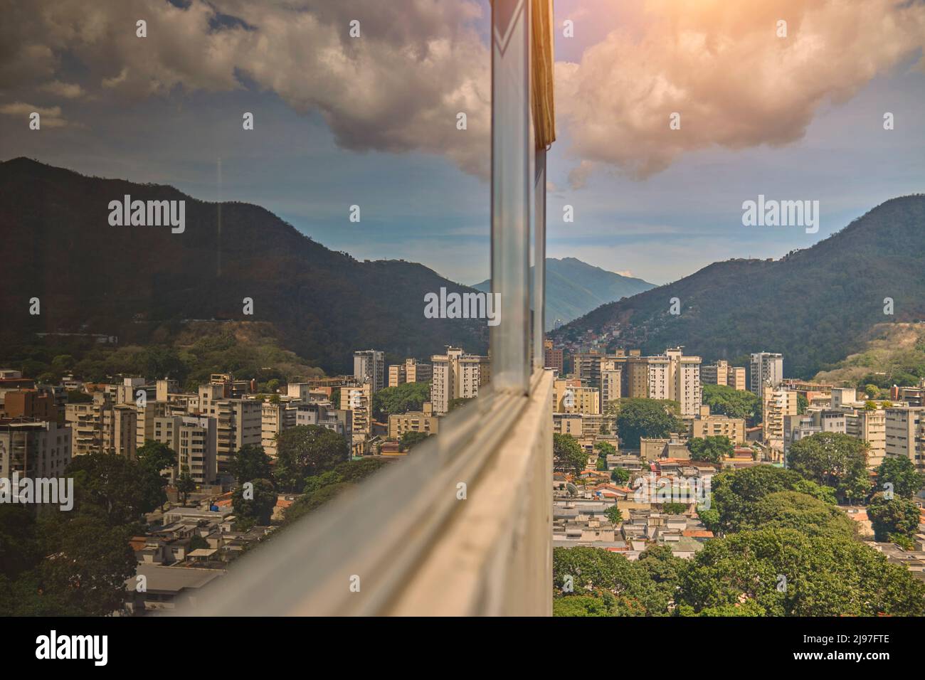 Venezuela, Caracas, window view and city reflection. Stock Photo