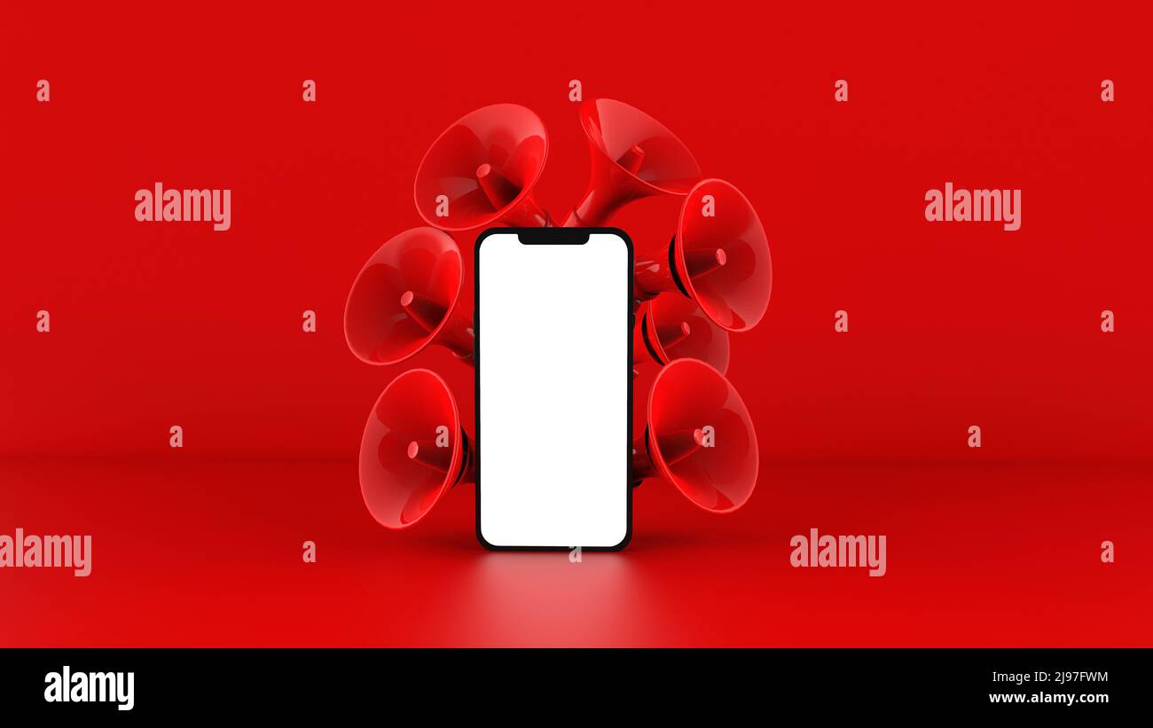 Mobile Phone and megaphone, loudspeaker background. 3D illustration