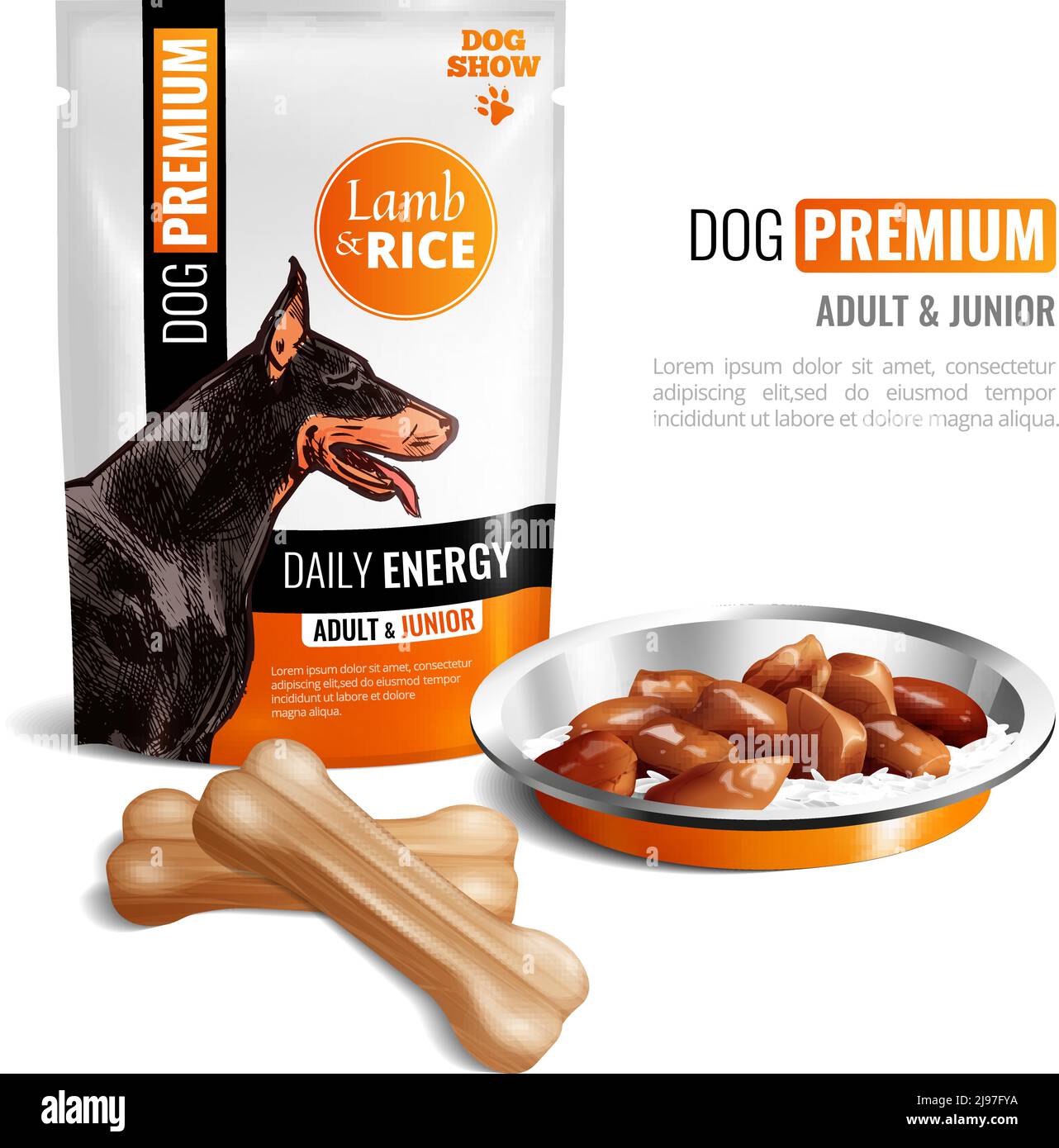 Colored and realistic dog food poster with dog premium adult and junior