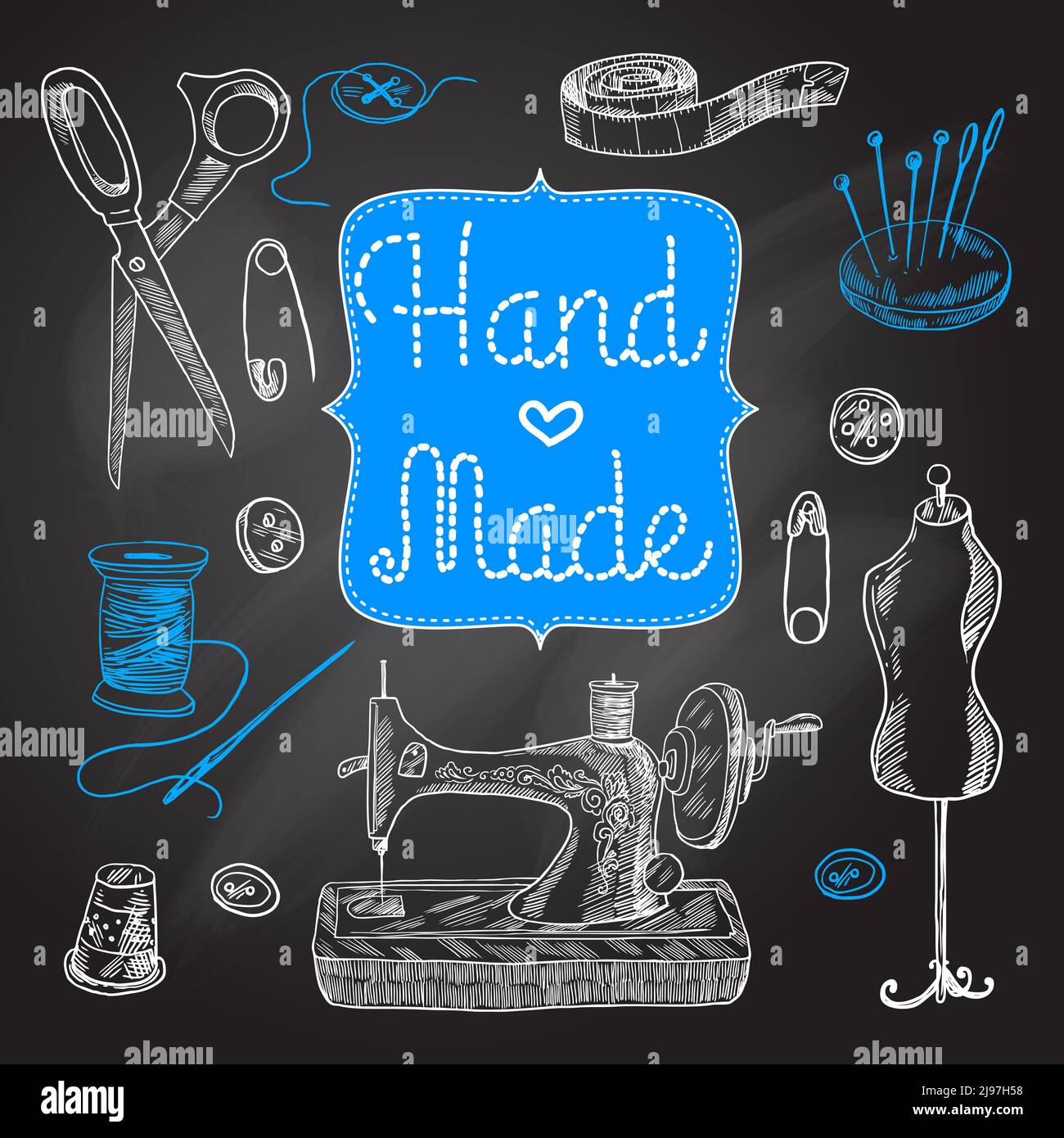 Sewing  and tailoring chalkboard set with machine scissors button vector illustration Stock Vector