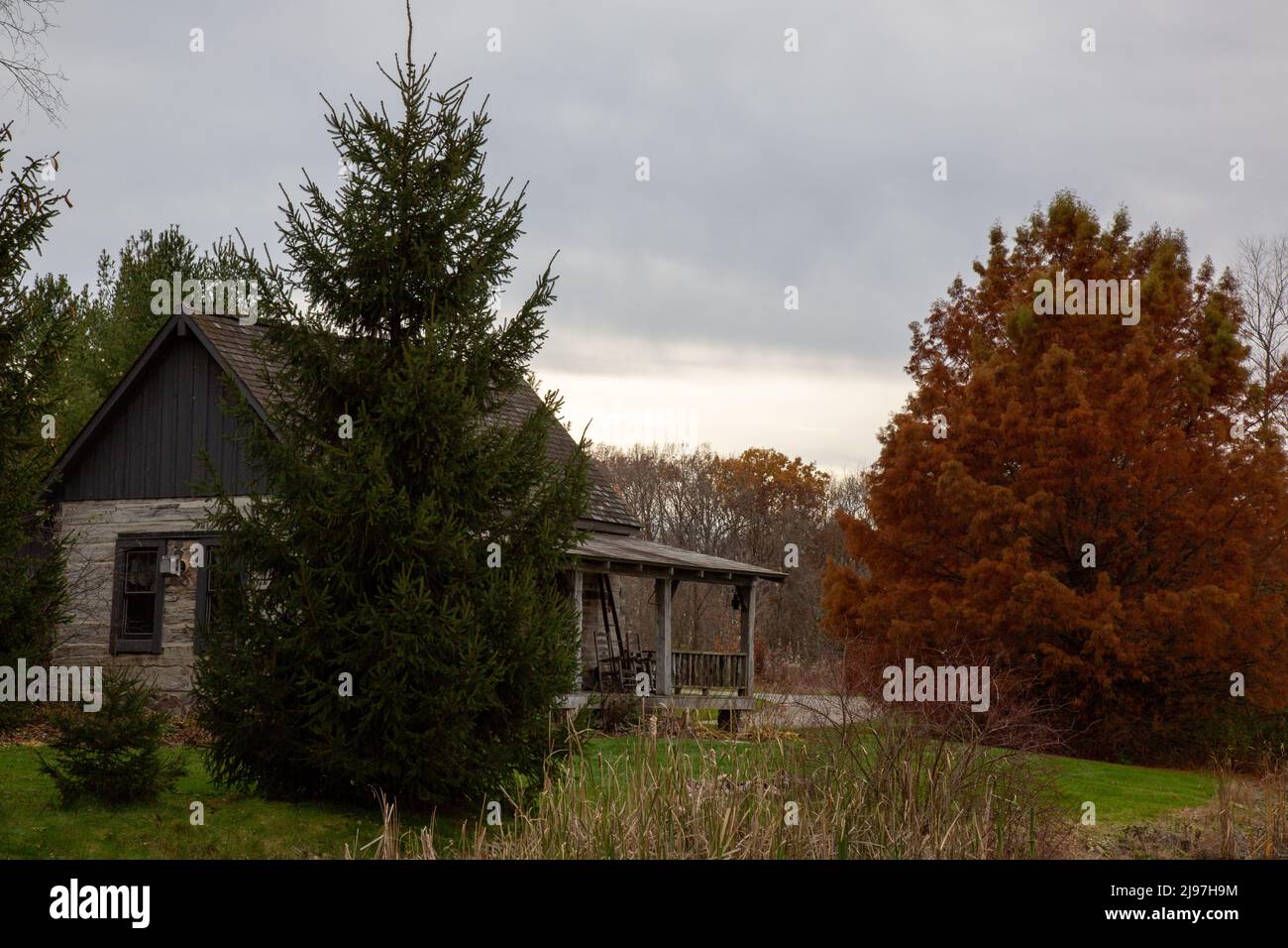 Beside Still Waters log cabin near Spencerville, Indiana, USA. Stock Photo