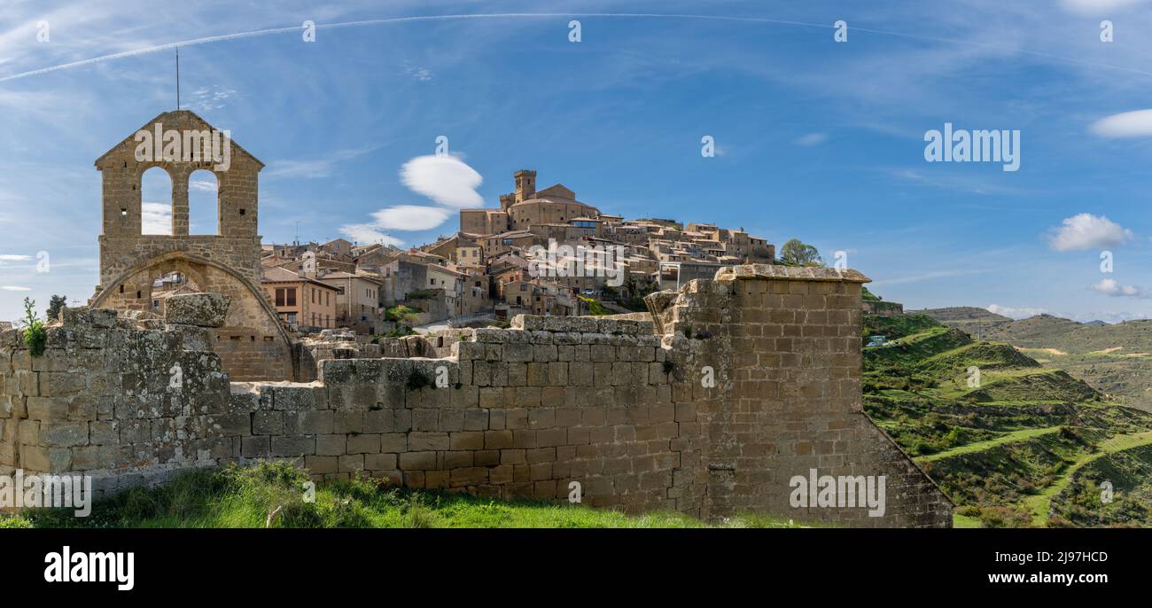 Ujue, Spain - 30 April, 2022: panorama view of the picturesque historic village of Ujue in Navarra with church ruins and hilltop castle Stock Photo