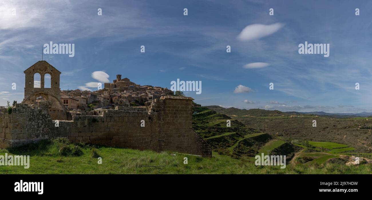 Ujue, Spain - 30 April, 2022: panorama view of the picturesque historic village of Ujue in Navarra with church ruins and hilltop castle Stock Photo