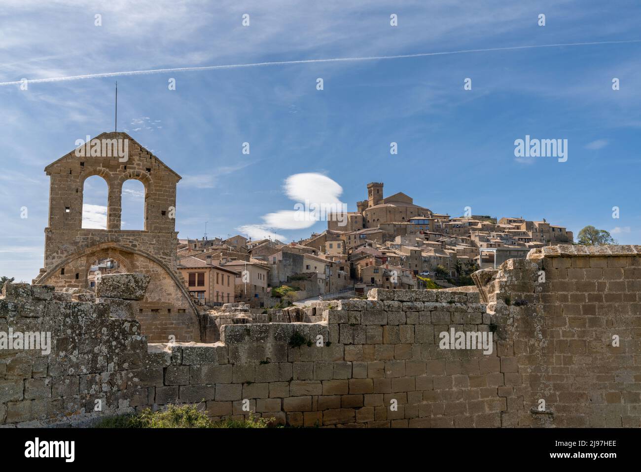 Ujue, Spain - 30 April, 2022: view of the picturesque historic village of Ujue in Navarra with church ruins and hilltop castle Stock Photo