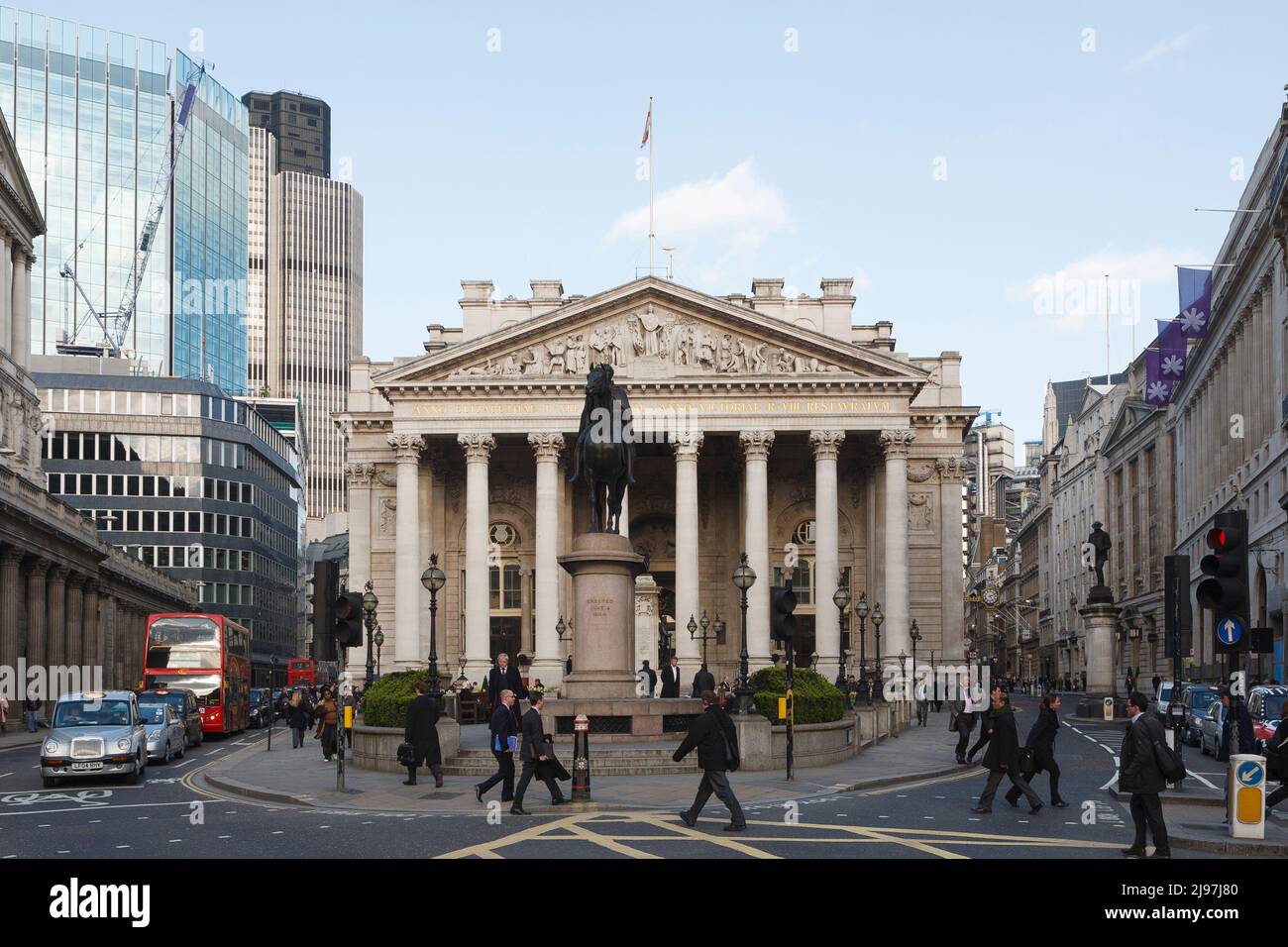 A view looking towards Royal Exchange building with the Bank of England on the left.  Bank of England is the central bank of the United Kingdom. Somet Stock Photo
