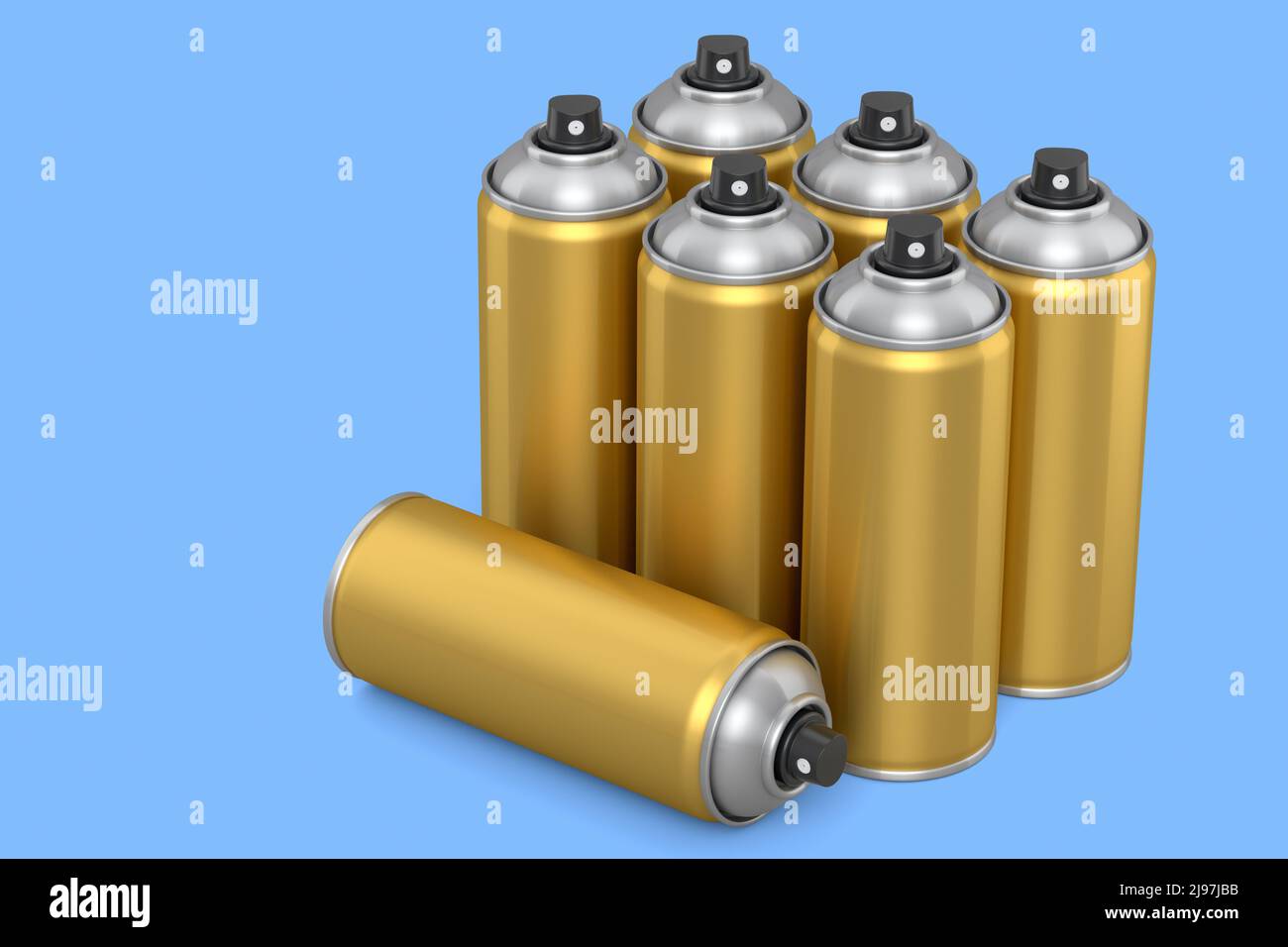 Set of spray paint cans isolated on blue background. 3d render spray