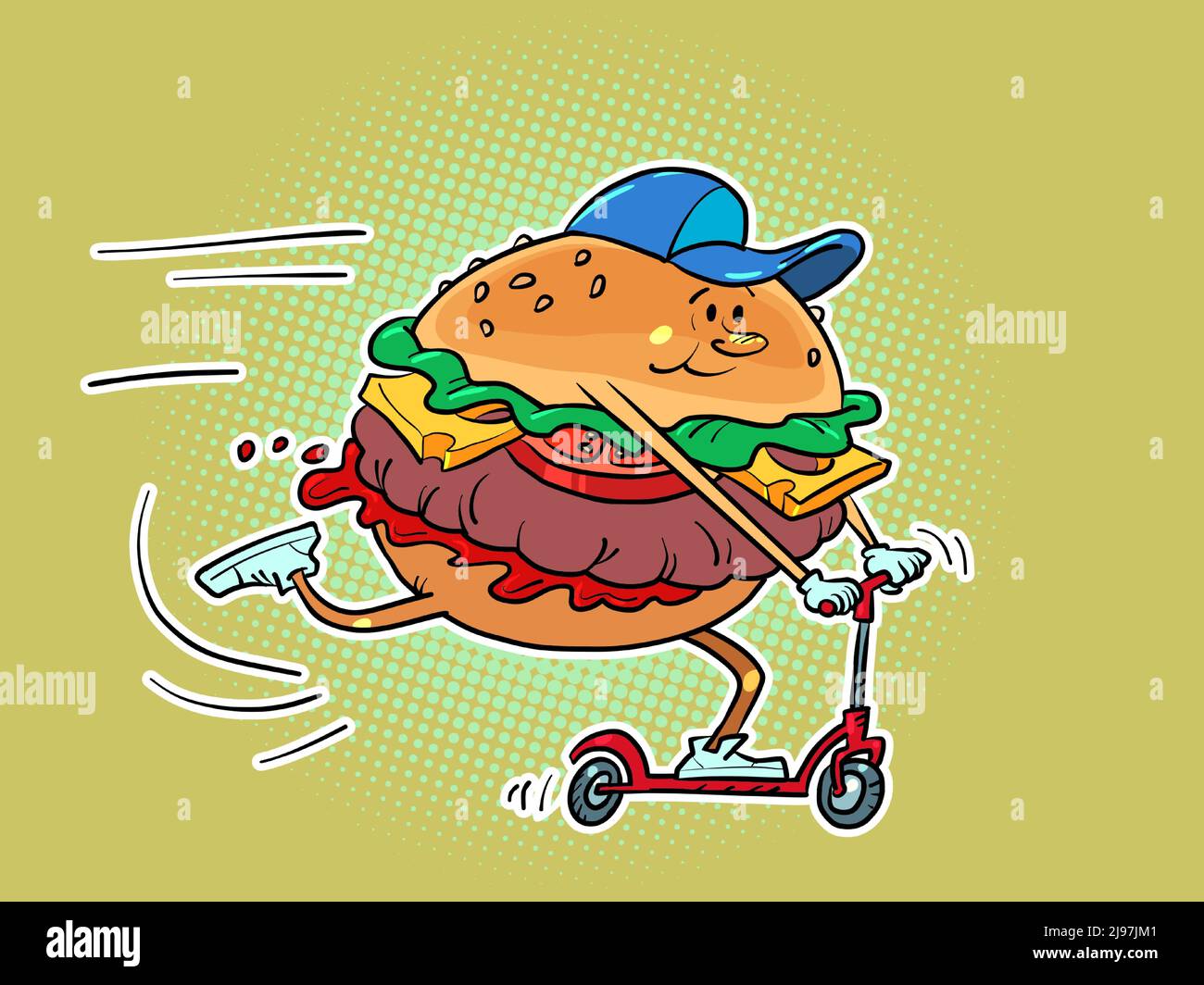Sports burger character rides a scooter. Active lifestyle comic cartoon Stock Vector
