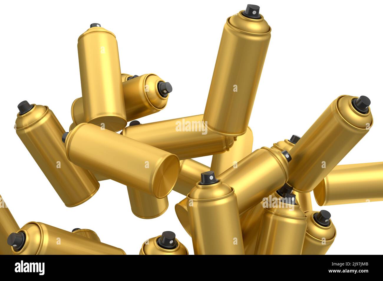 Lots of flying gold spray paint cans on white background. 3d render