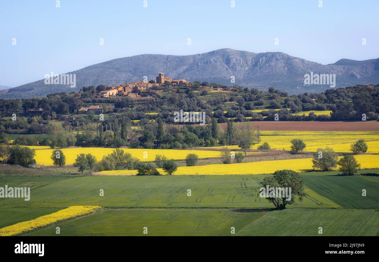 Panoramic Landscape View over the Village of Llabia in Baix Emporda, Catalonia Stock Photo