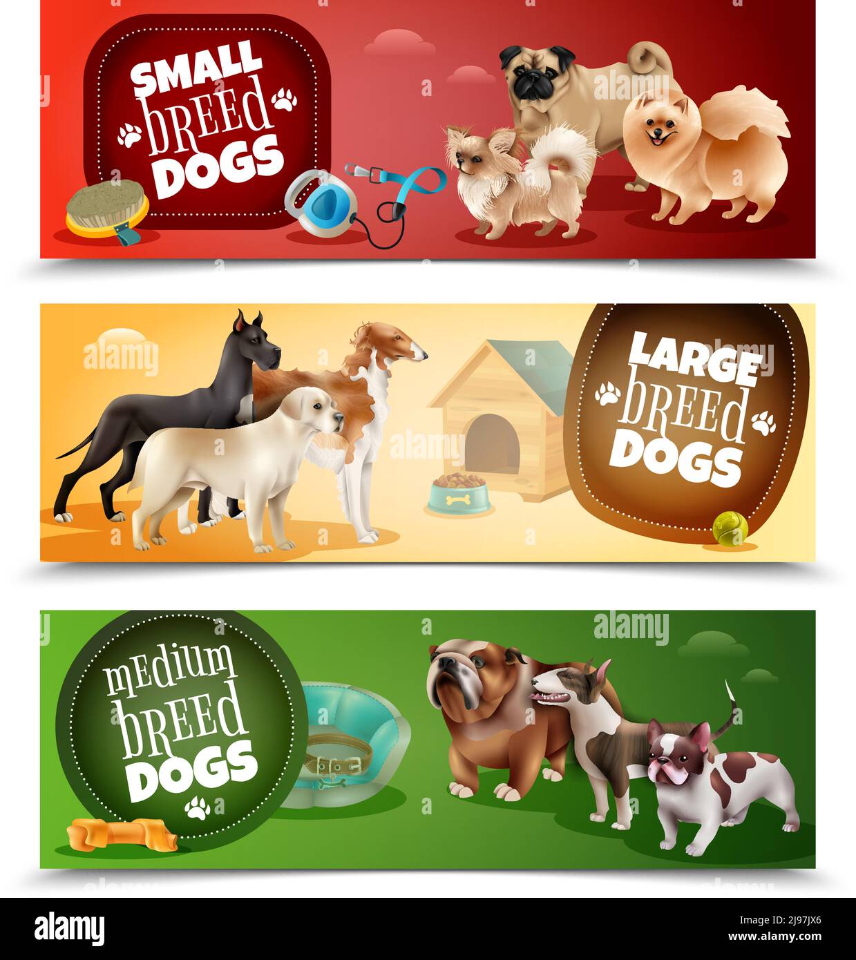 Three horizontal dog breeds banner set with small large and medium breeds vector illustration Stock Vector