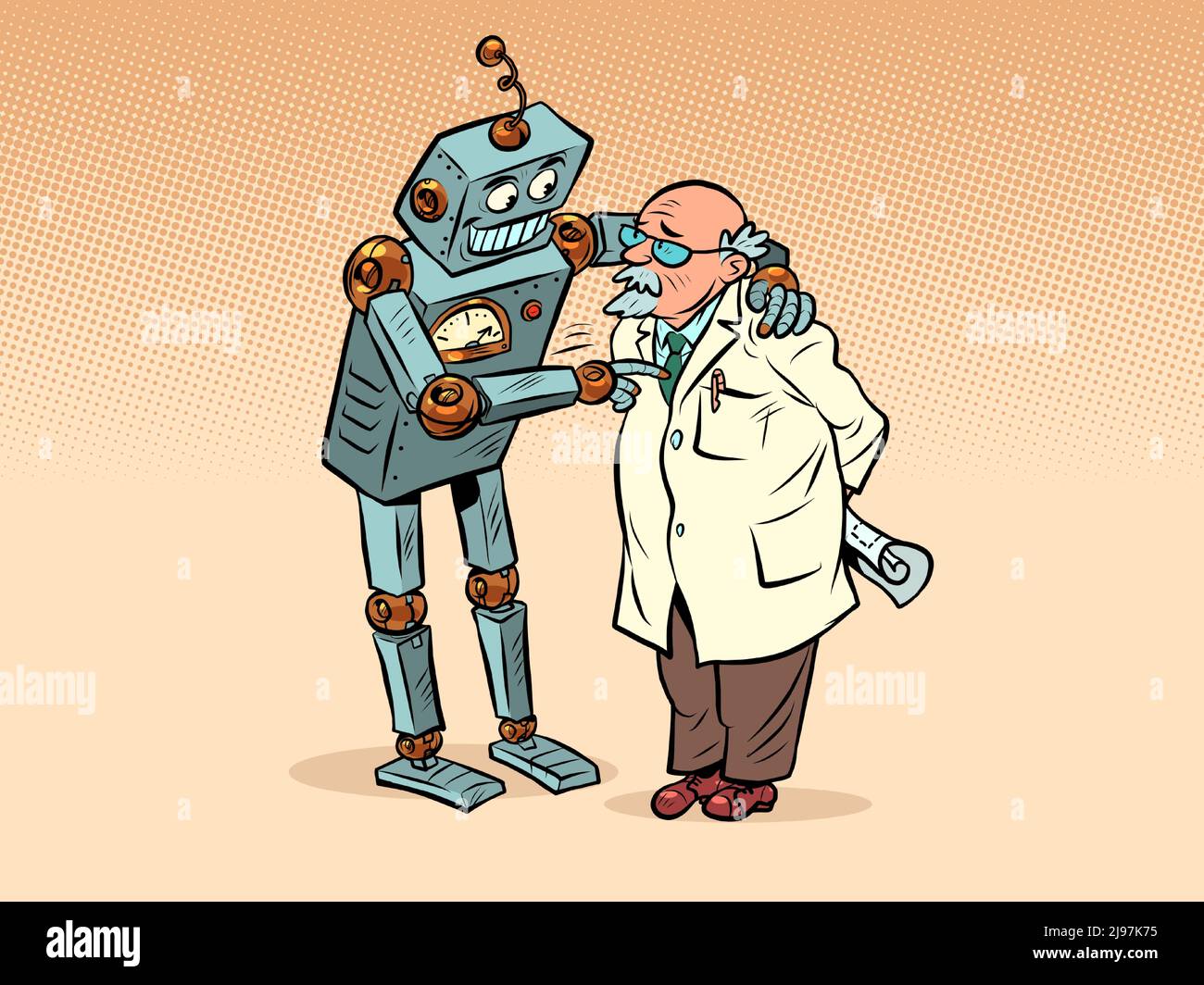 The robot talks to the professor, artificial intelligence and the human mind. Two friends Stock Vector