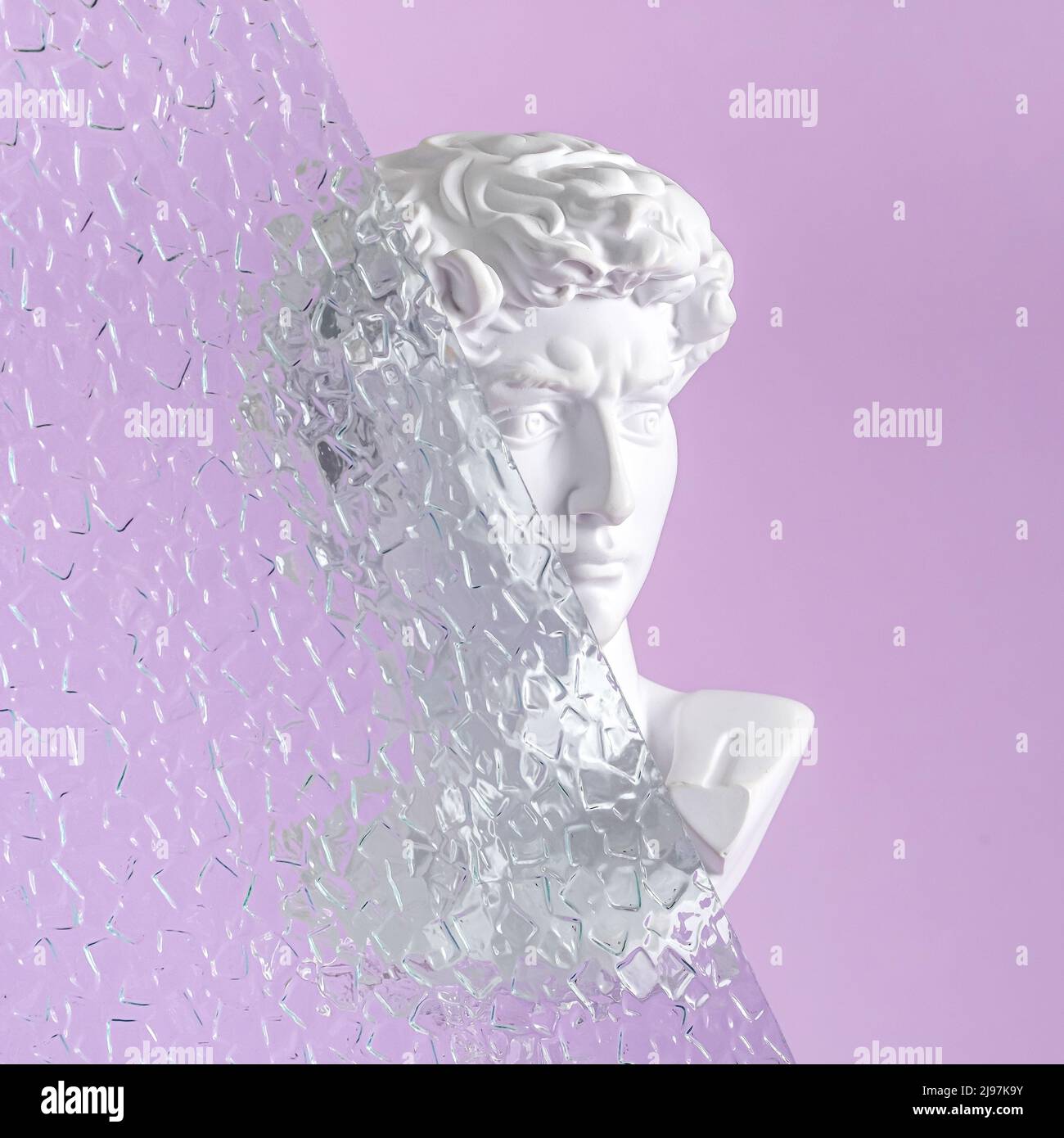 Retro poster David gypsum Michelangelo bust and corrugated glass with mosaics and crystals. Vaporwave minimal creative concept. Stock Photo