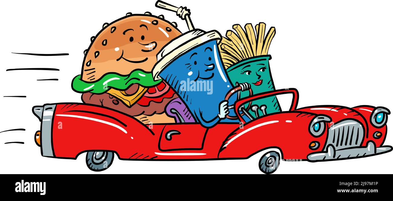 Road restaurant, fast food characters burger drink cola and french fries friends driving car Stock Vector