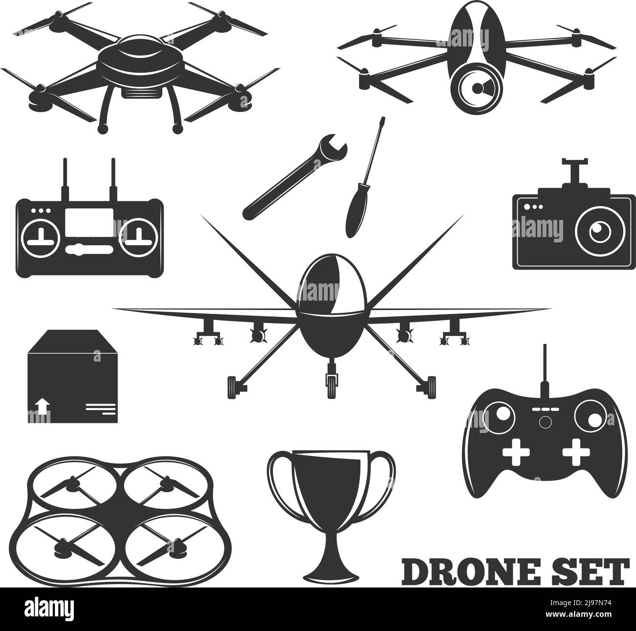 Monochrome set of drone elements with controller, photo camera, repair tools, package, trophy isolated vector illustration Stock Vector