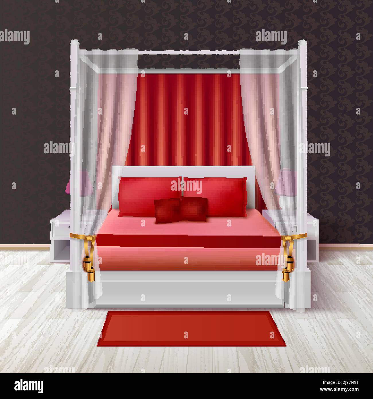 Realistic bed curtains composition of room interior with canopy top bed
