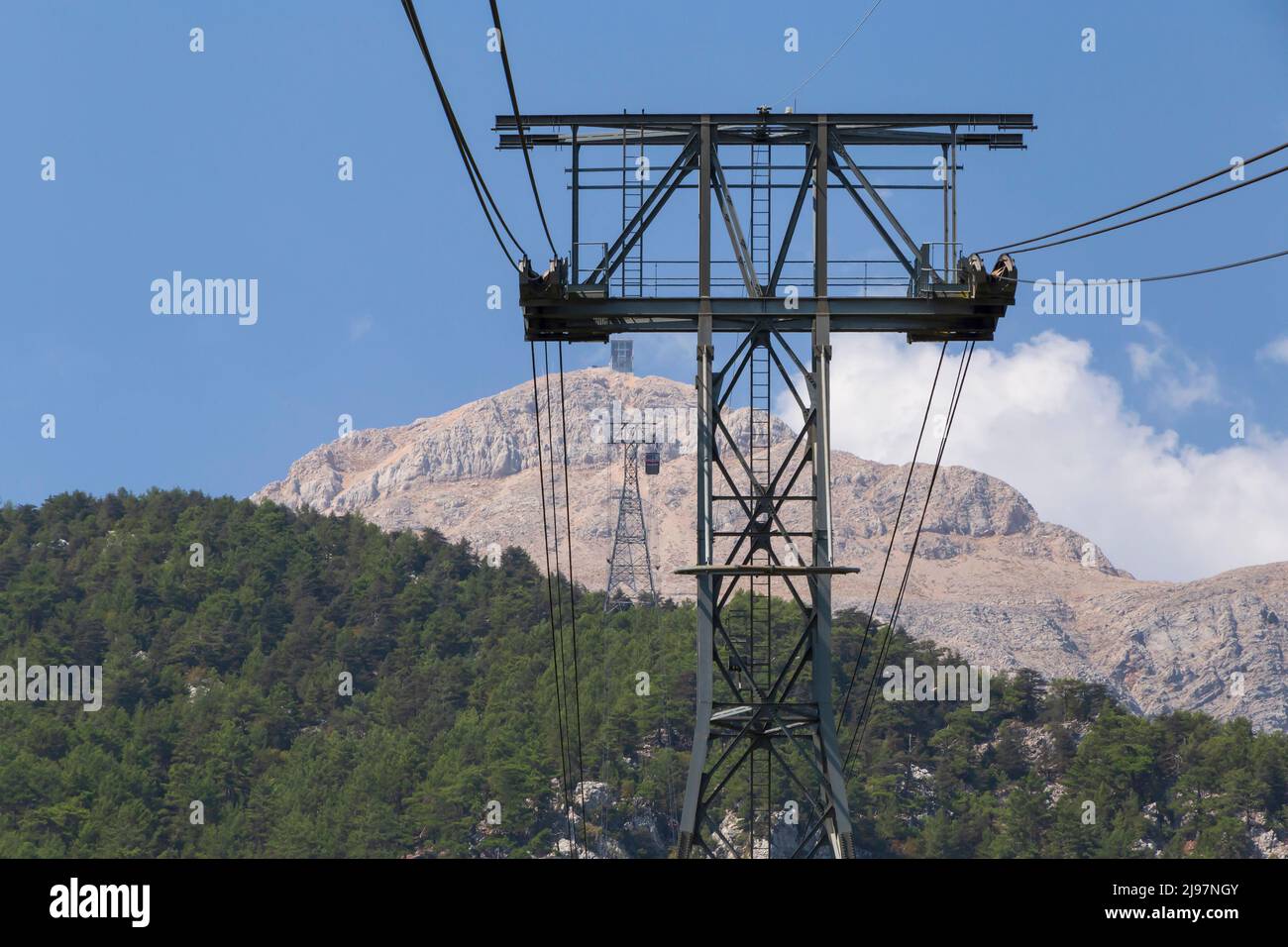 sight of Lycian Olympus mountain in Turkey from cable car cabin Stock Photo