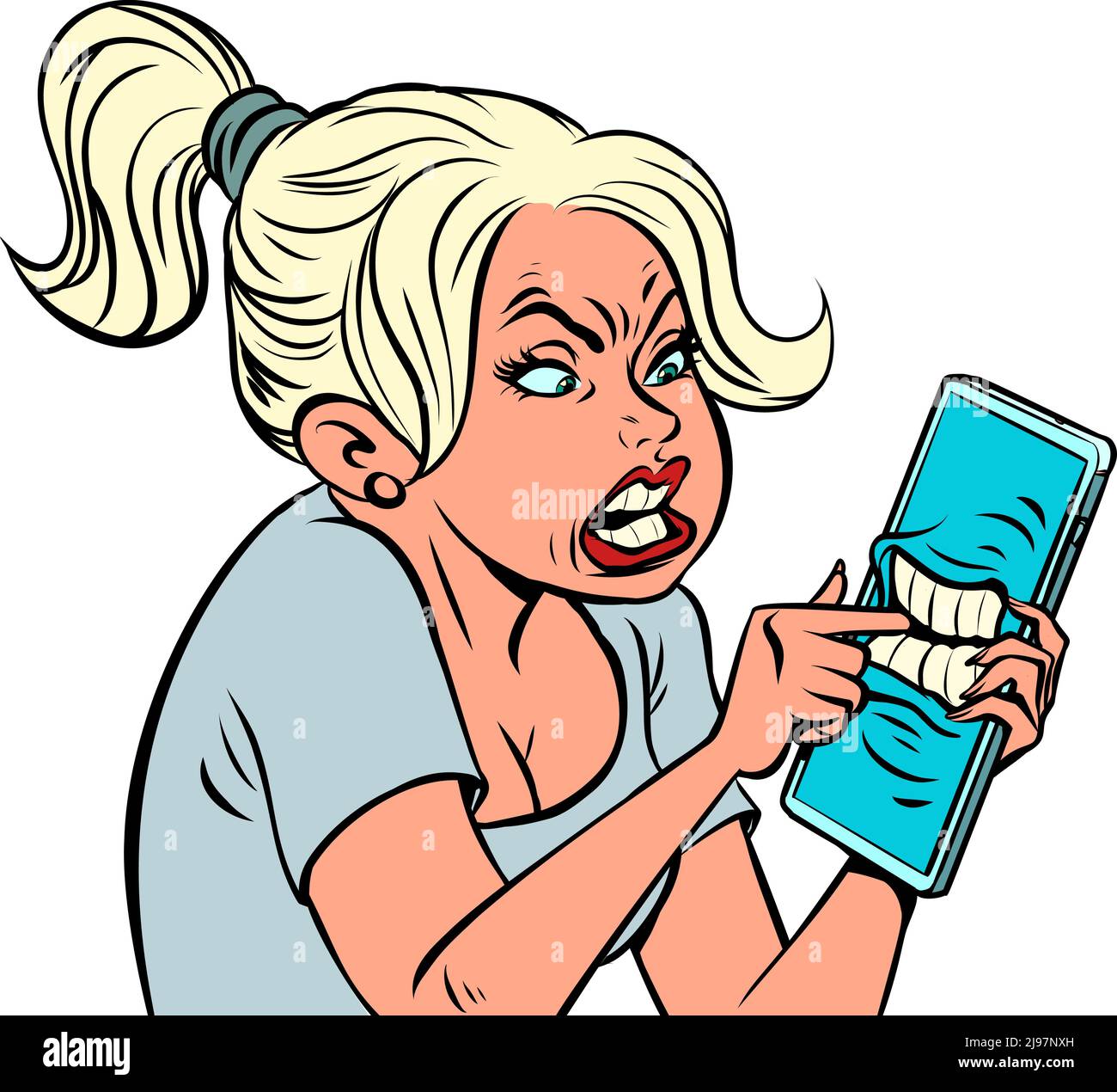 The mobile phone bit the woman s finger. Beautiful girl uses a smartphone, touchscreen phone screen Stock Vector