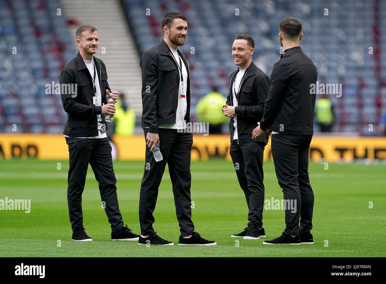 (L-R) Heart of Midlothian’ Andy Halliday, John Souttar and Barrie McKay check out the pitch ahead of the Scottish Cup final at Hampden Park, Glasgow. Picture date: Saturday May 21, 2022. Stock Photo