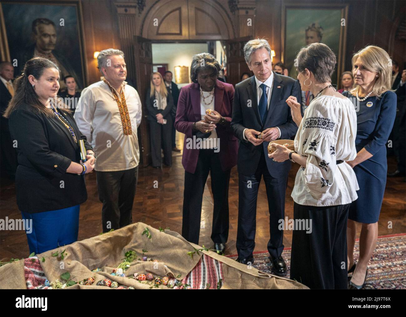 New York City, United States of America. 19 May, 2022. U.S. Secretary of State Antony Blinken, right, listens to Ukrainian artist Sofika Zielyk, left, describe her process making ornate Easter eggs called pysanka during a visit to the Ukrainian Institute of America, May 19, 2022 in New York City, New York.  Credit: Freddie Everett/State Department/Alamy Live News Stock Photo
